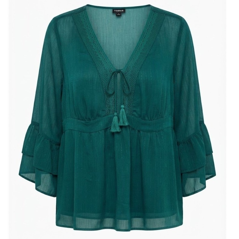 NEW Torrid Green Chiffon Babydoll Top 3X 22-24 Metallic Stripe Semi-Sheer - AC